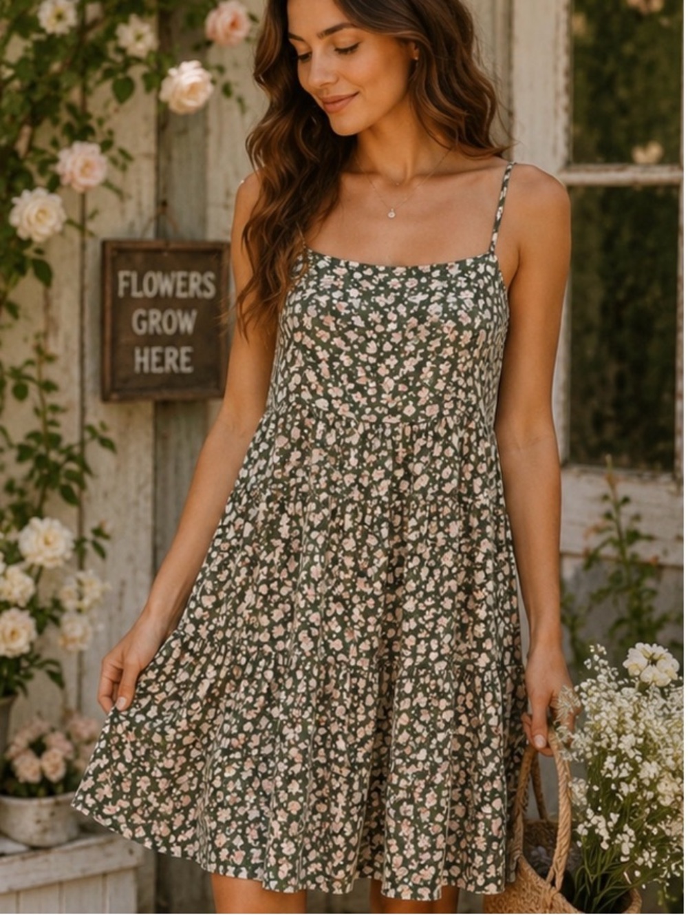 American Eagle Ditsy Floral Scoopneck Tiered Swing Mini Dress Boho Green XL
